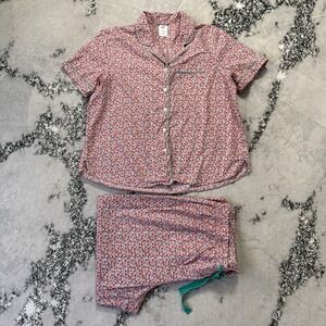 Lands End Pajama Set Womens Size L Pink Floral Print 100% Cotton Sleepwear